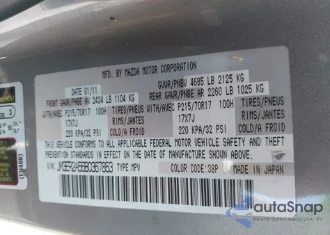 2011 Mazda Cx-7 I Sv from USA, damaged, VIN JM3ER2A56B0367853
